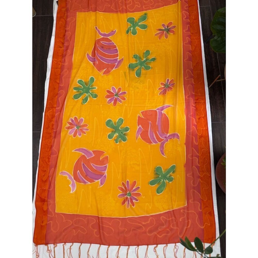 🎨 VNTG 70s Hand-Painted Aremar Sarong - Large 70x40 Orange Tropical Beach Wrap